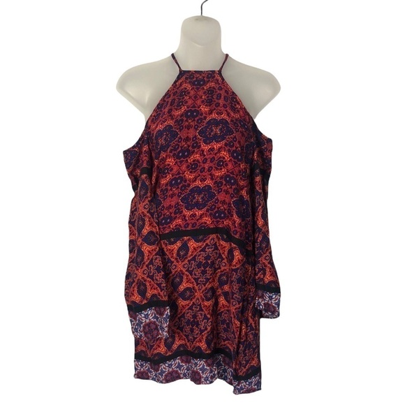 MINKPINK Red Multicolor Sun Dancer Cold Shoulder Long Sleeve Mini Dress XS - Picture 4 of 15